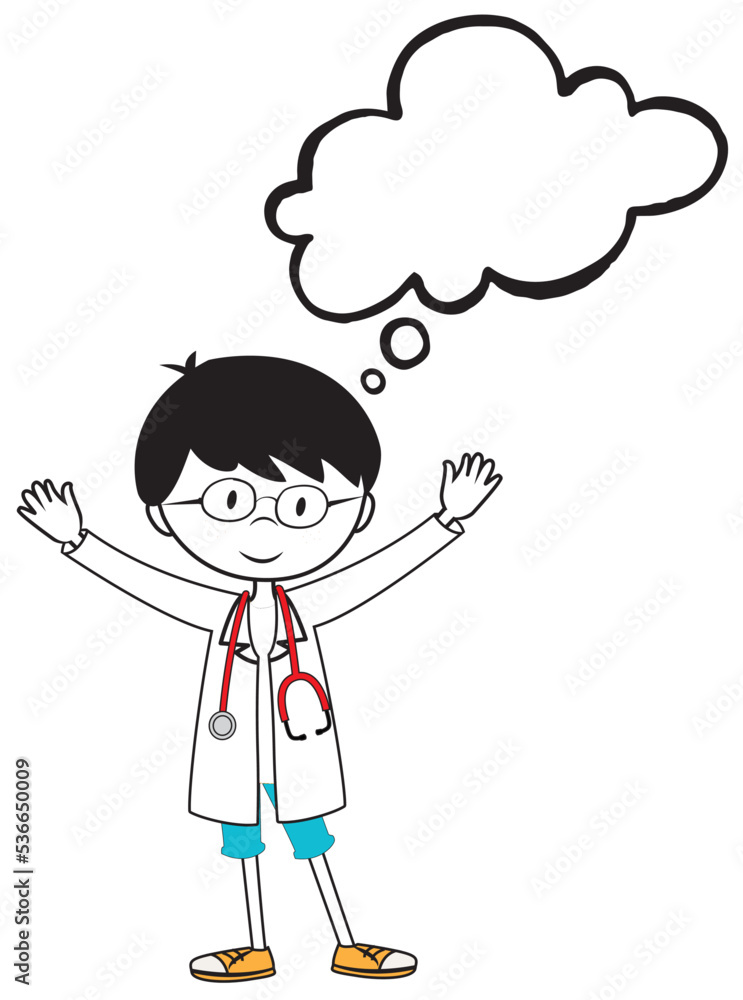 Little doctor boy smiling with empty speech bubble on white background. Black and white cartoon vector illustration for coloring book. Little doctor boy smiling with empty speech bubble on white background. Black and white cartoon vector illustration for coloring book.