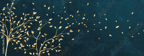 Luxury art background with tree with golden leaves in art line style. Hand drawn botanical banner for wallpaper design, print, textile, decor, fabric, packaging, invitations.