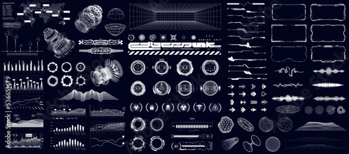 Digital HUD collection for UI, UX, GUI projects. Hi-tech futuristic user elements - circle, charts, frames, audio waves, arrows, callouts titles graphic set. HUD, UI, VR. Vector elements collection	