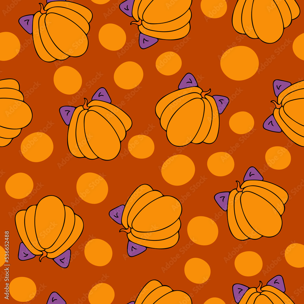 Autumn seamless pattern, square background, seasonal fall holidays, hand drawn pumpkins