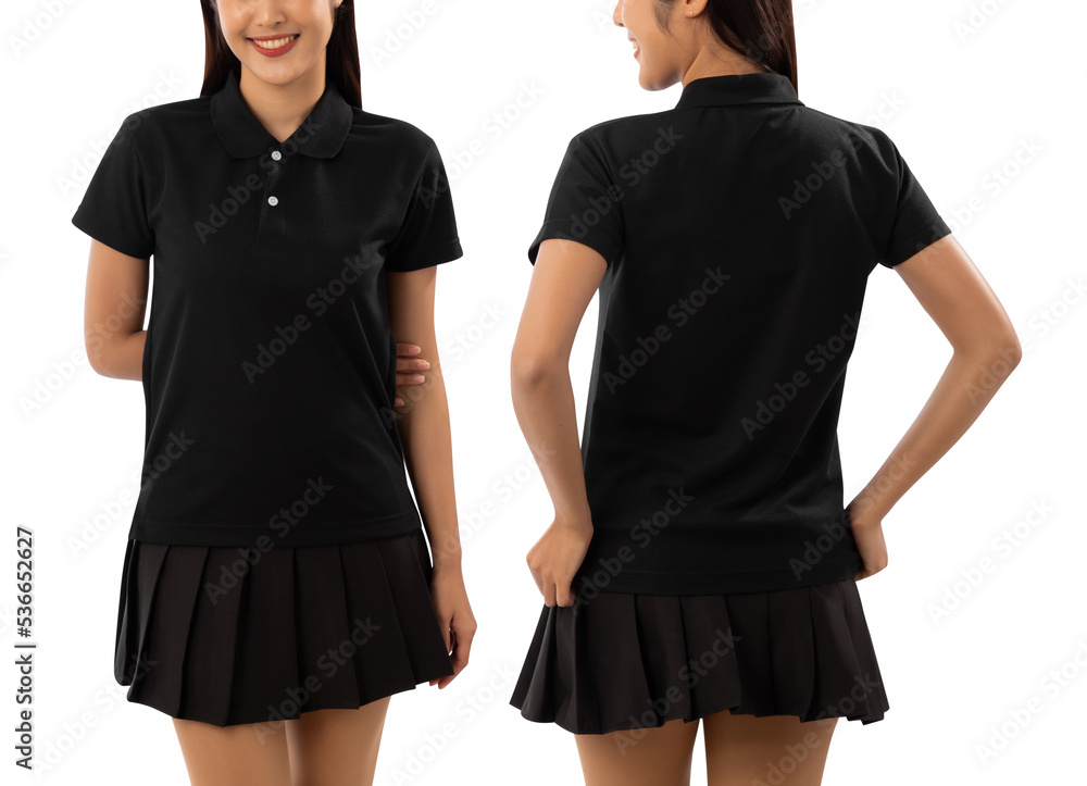 Young woman in black polo shirt mockup isolated on white background with clipping path. Young woman in black polo shirt mockup isolated on white background with clipping path.