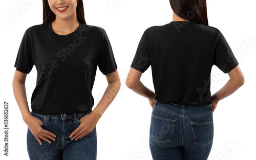 Young woman in black T shirt mockup isolated on white background with clipping path.