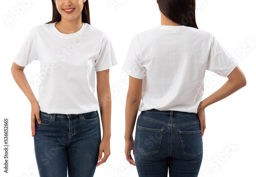 Young woman in white T shirt mockup isolated on white background with clipping path.