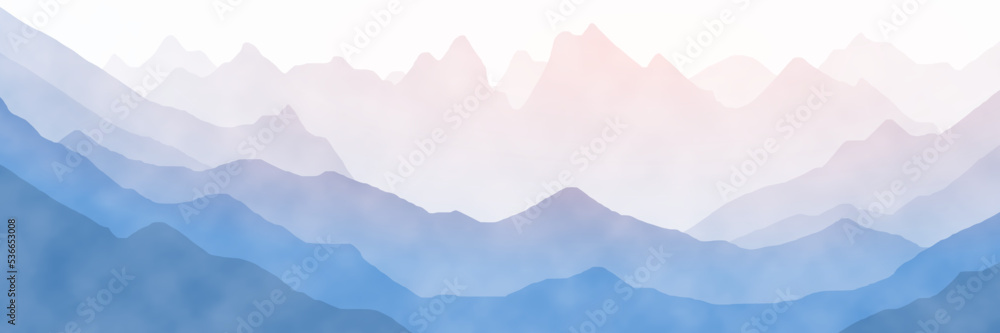 Naklejka premium Sunrise in the mountains, mountain ranges in the morning haze, panoramic view, vector illustration