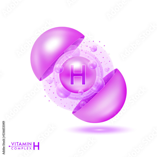 Vitamin H shining pill capsule. Skincare beauty treatment with vitamins complex with cholecalciferol. Purple ball with bubbles isolated on white background. Cosmetic beauty product design vector. 