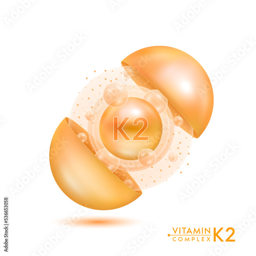Vitamin K2 shining pill capsule. Skincare beauty treatment with vitamins complex with cholecalciferol. Orange ball with bubbles isolated on white background. Cosmetic beauty product design vector. 