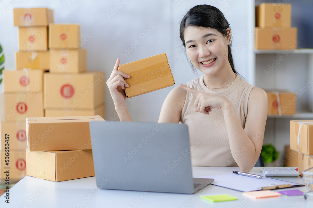 sme business idea cute asian woman selling online at home with laptop to take orders and to deliver yellow parcel boxes online delivery ideas sme business idea cute asian woman selling online at home with laptop to take orders and to deliver yellow parcel boxes online delivery ideas