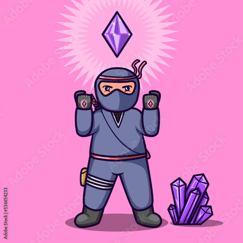 Vector cute ninja with crystal bending power illustration