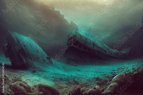 Photo illustration of a shipwreck at the bottom of the sea