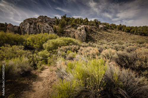 Rock, sagebrush and clouds for a scenic view in Nevada Mountains