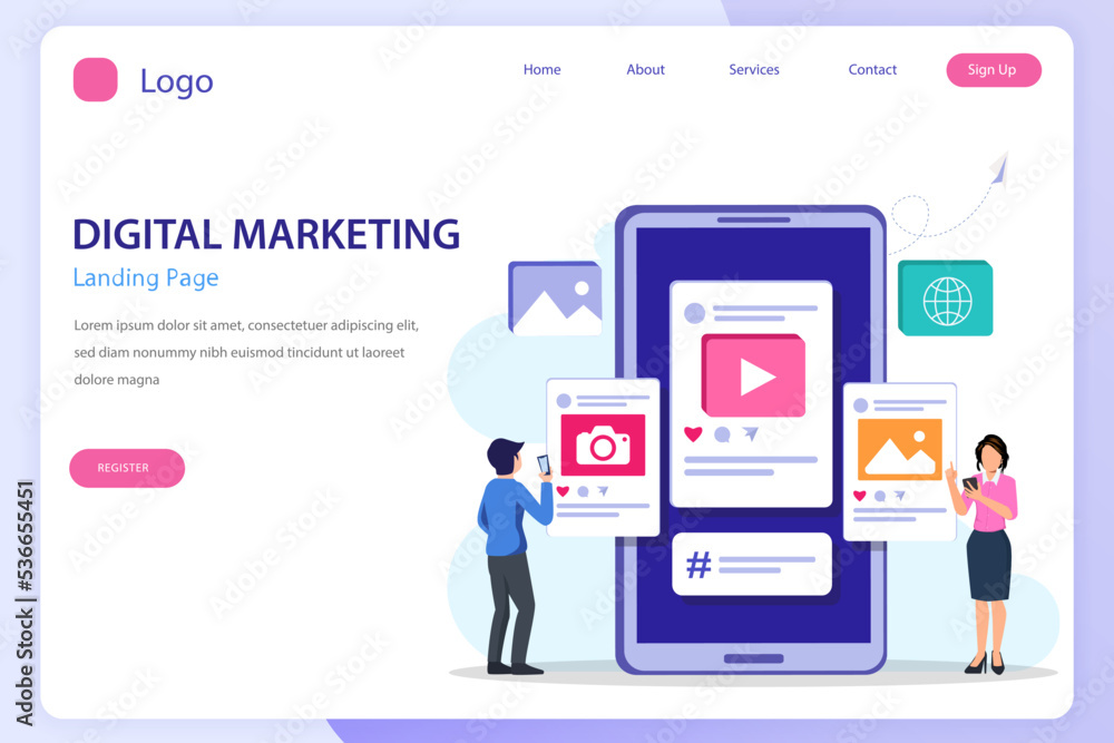 Digital marketing landing page website flat vector template Digital marketing landing page website flat vector template