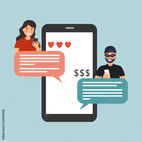 Online dating scam on smartphone mobile app in flat design. Phone phishing. 