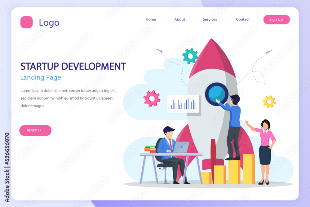 Startup launch concept. Development process, Innovation product, creative idea landing page website flat vector template
