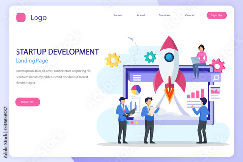Startup launch concept. Development process, Innovation product, creative idea landing page website flat vector template