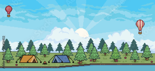 Pixel art camping landscape in forest and river with tents and campfire 8 bit game background