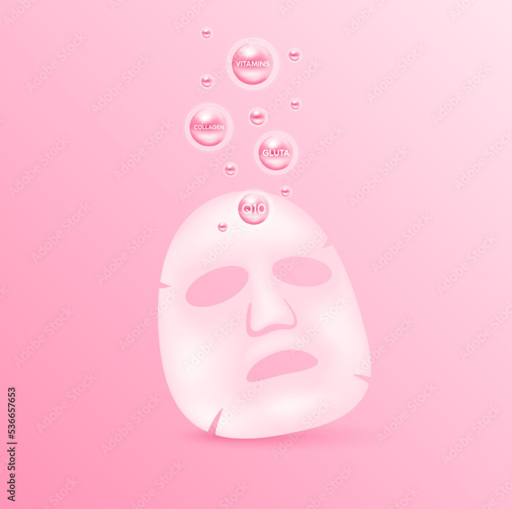 Sheet mask skincare beauty. Treatment with vitamins collagen gluta. Cosmetic beauty product design. Realistic on pink background. Vector EPS10.