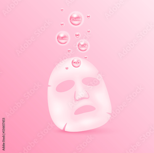 Sheet mask skincare beauty. Treatment with vitamins collagen gluta. Cosmetic beauty product design. Realistic on pink background. Vector EPS10.