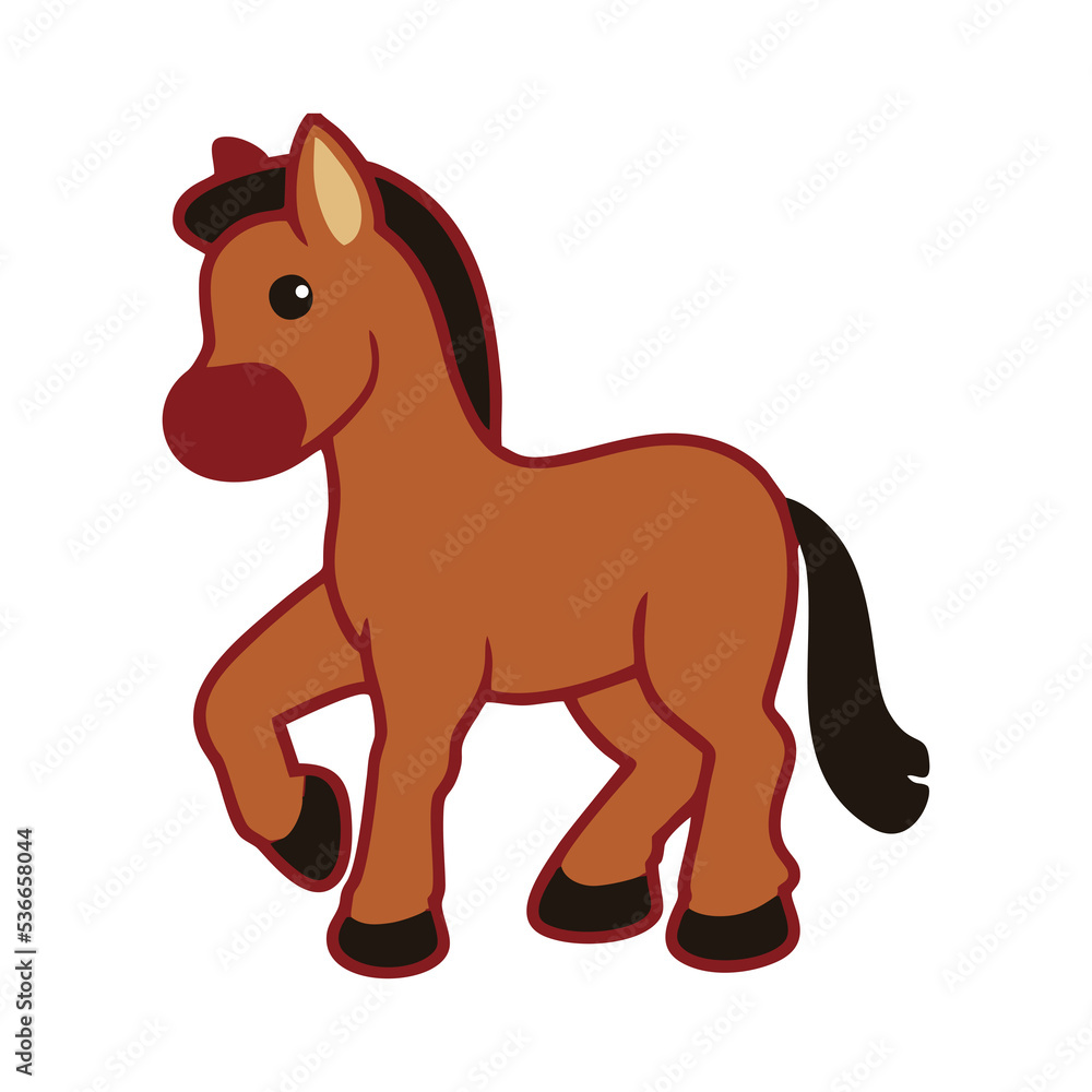 Illustration of cute brown horse. Horse image in png format. Suitable for children's book design elements. Introduction of brown horse to children. Books or posters about animal