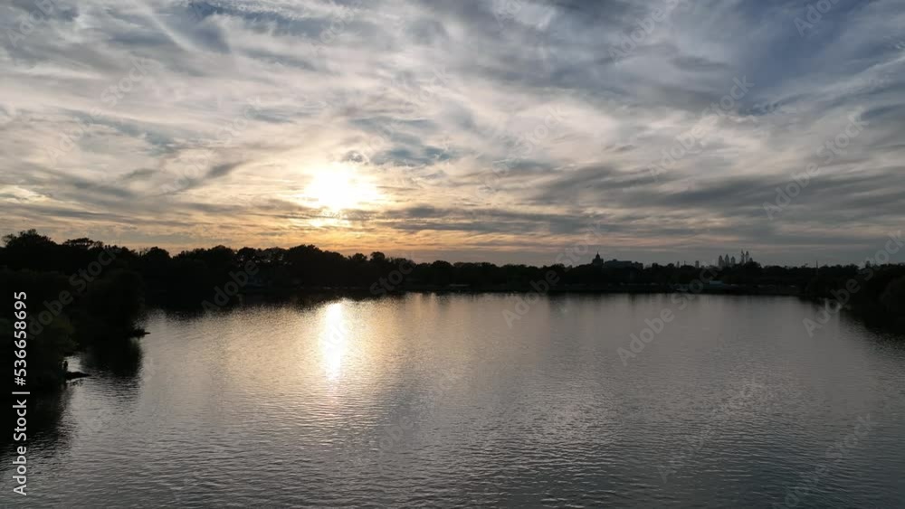 Aerial View of Cooper River in Pennsauken New Jersey Flying towards Philadelphia at Sunset