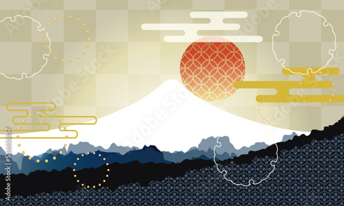 Japanese-style background　古典柄  日本の風景  富士山と太陽のイラスト素材