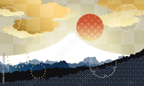 japanese style　古典  日本の風景 山と太陽のシルエットのイラスト　デザイン素材