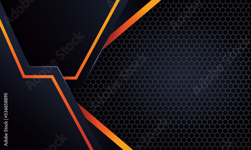 Dark abstract background with yellow orang line gradient shapes. with hexagon pattern. - Vector.