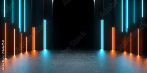 Modern Podium Stage Vibrant Neon Light Laser Beam Lines Glowing Hallway Corridor Tunnel Entrance Abstract Backgrounds 3d Rendering Illustration © Maipai