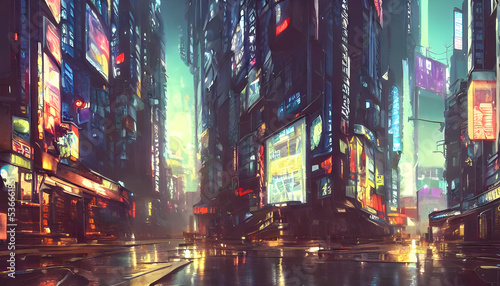 Streets of Cyberpunk city. Bright glowing houses and windows of skyscrapers of a fantastic city of the future. Neon advertising signs. 3d illustration