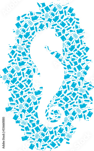 Seahorse plastic trash planet pollution concept vector illustration. Ocean animal outline cut in plastic waste flat icon patch. Environmental protection concept, microplastic pollution problem graphic