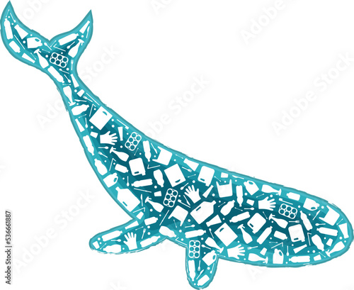 Whale plastic waste ocean environment problem concept vector llustration. Marine animal silhouette filled with plastic garbage flat icons. Microplastic pollution problem, single use plastic crisis.