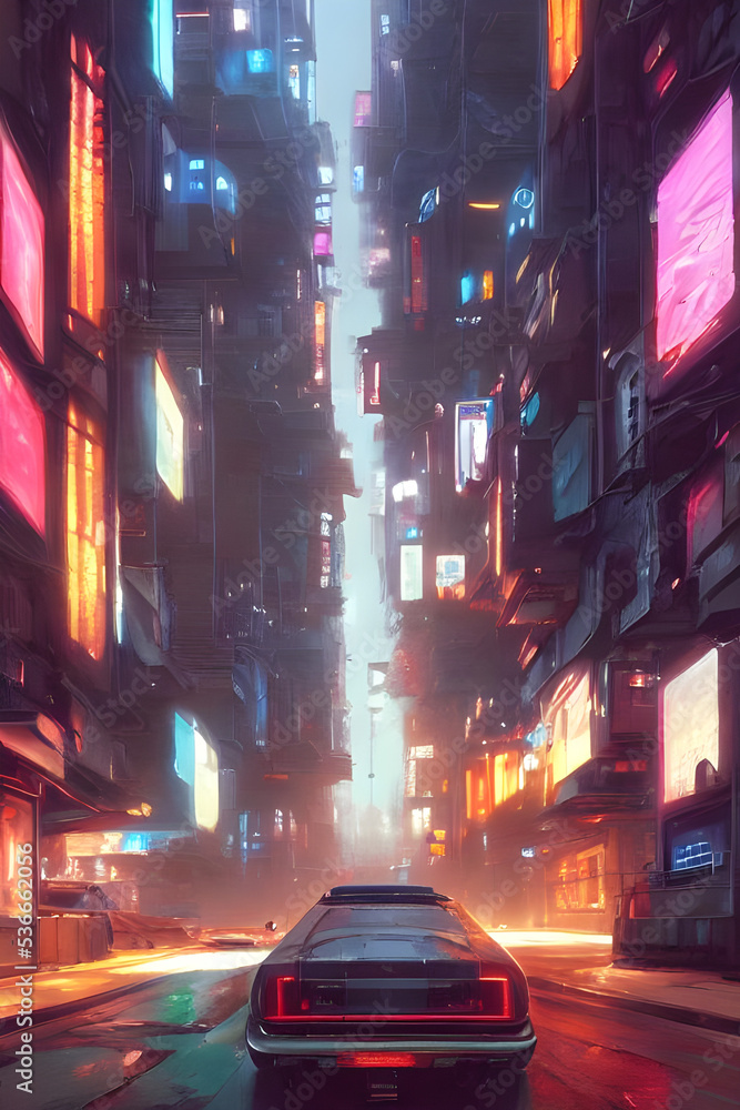 a cyberpunk city street with neonlights and dark silhouettes of people, foggy air, cinematic light - game concept - oil panting - concept art - illustration