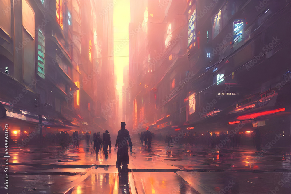  people walking in the sci-fi city at night with colorful light,illustration painting 