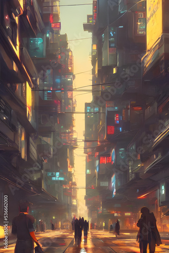 Cyberpunk streets illustration, futuristic city, dystoptic artwork at night, 4k wallpaper. Rain foggy, moody future © 39