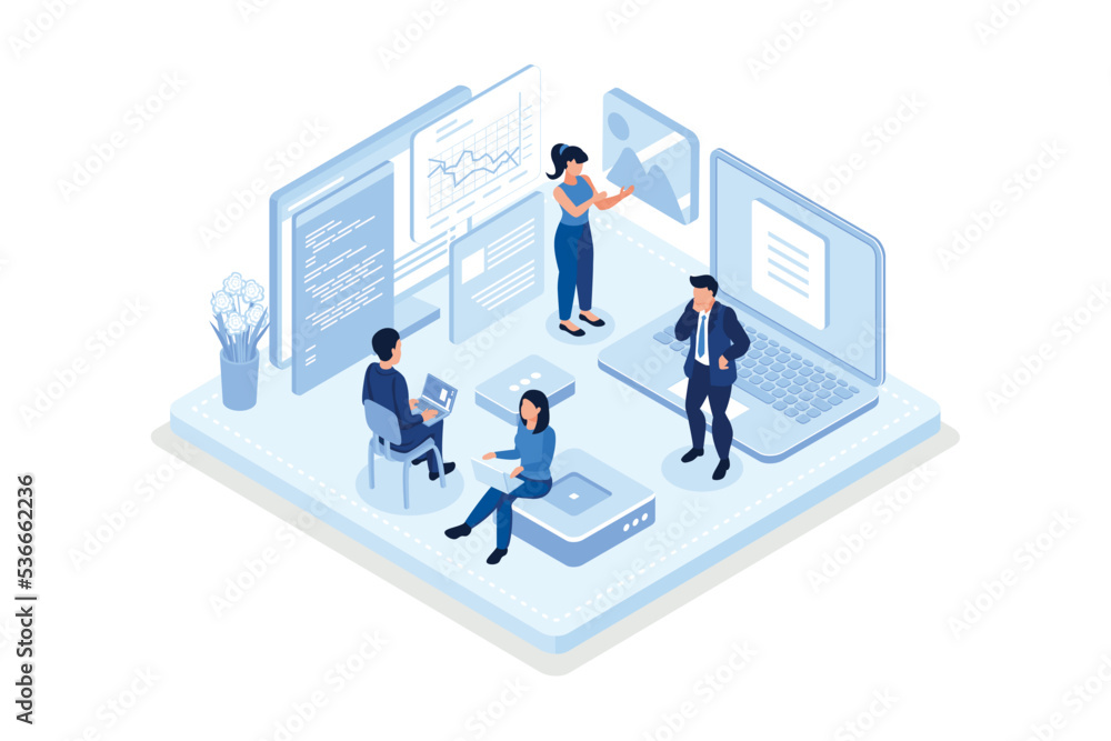 People Characters Developing new Software on Laptop. Developers Team Programming and Coding Program Code Together. Development Process Concept, isometric vector modern illustration People Characters Developing new Software on Laptop. Developers Team Programming and Coding Program Code Together. Development Process Concept, isometric vector modern illustration