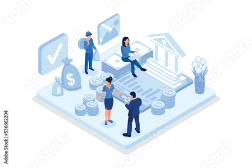 Coins and banknotes lying near government finance department or tax office column building. Public finance audit concept, isometric vector modern illustration