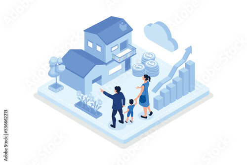 Family buying home with mortgage and paying credit to bank. People invest money in real estate property. House loan, rent and mortgage Concept, isometric vector modern illustration