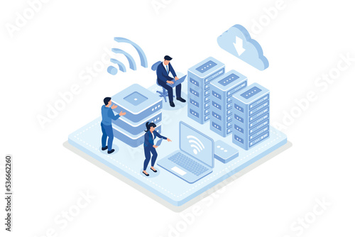 Character Monitoring Big Data Storage Connected with Cloud Computing Service. Server Farm Room. Online Hosting Technology Concept, isometric vector modern illustration
