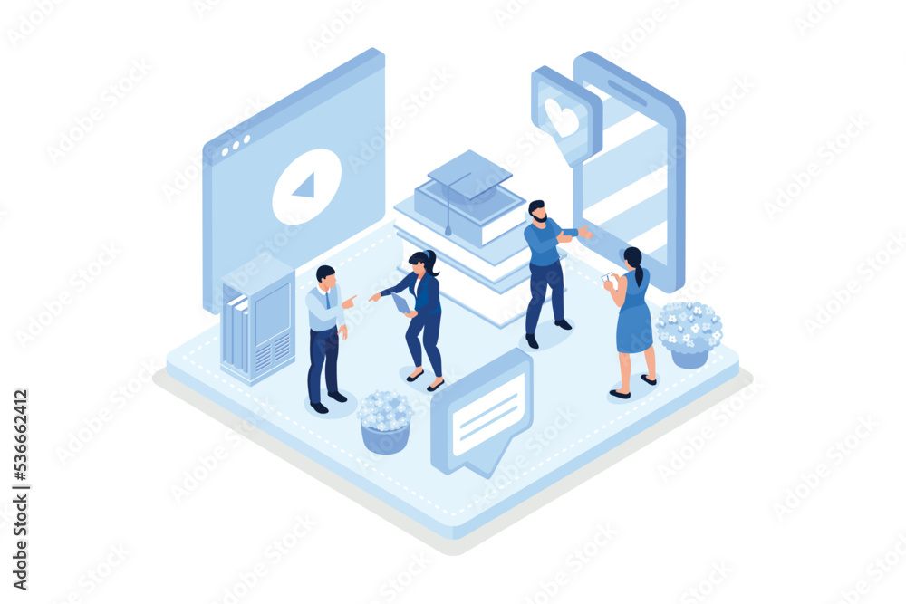 Student learning online at home. Character looking educational video on smartphone. Online education and e-learning concept, isometric vector modern illustration