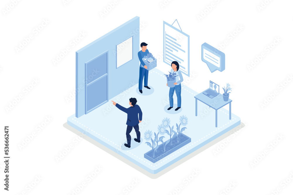 People character getting fired. Dismissed man carrying cartoon box with things and standing near the office door. Crisis and job firing concept, isometric vector modern illustration People character getting fired. Dismissed man carrying cartoon box with things and standing near the office door. Crisis and job firing concept, isometric vector modern illustration