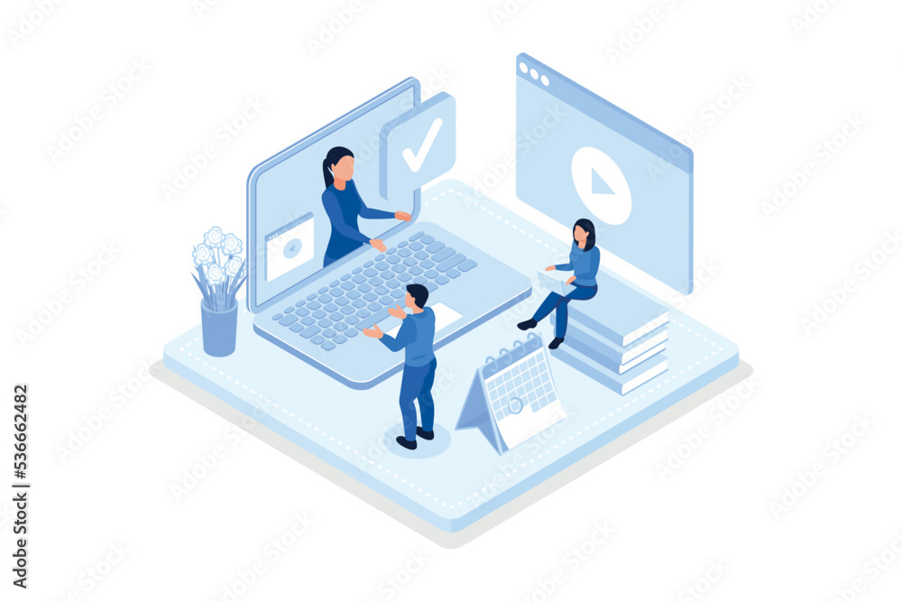 Students learning online at home. People characters having video call with teacher on laptop and studying with smartphone. Online education concept, isometric vector modern illustration Students learning online at home. People characters having video call with teacher on laptop and studying with smartphone. Online education concept, isometric vector modern illustration