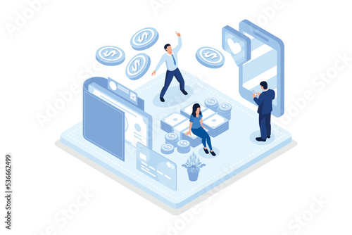 People character standing near big wallet, sending and receiving Money by smartphone. Money transfer and payment transaction in online banking mobile app, isometric vector modern illustration