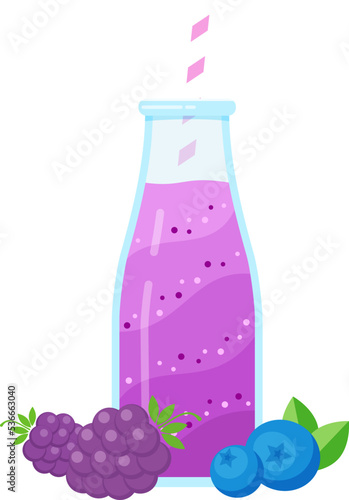 Healthy diet smoothie drink set vector illustration. Glass bottle with straw and layered fresh cocktail in color with raw fruit for cafe smoothie banner