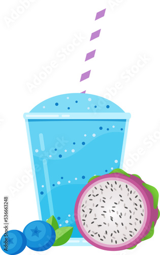 Natural fruit smoothie vector illustration. Sweet protein shake or vegeterian juicy cocktail set in glass cup with straw and fresh fruits for smoothie social media promotion banner