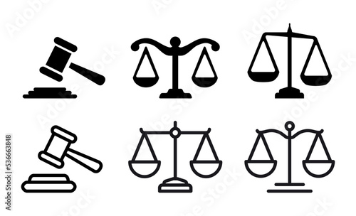Justice Gavel and Scales Icons Set In Flat Style Vector Illustration. Scales of Justice.