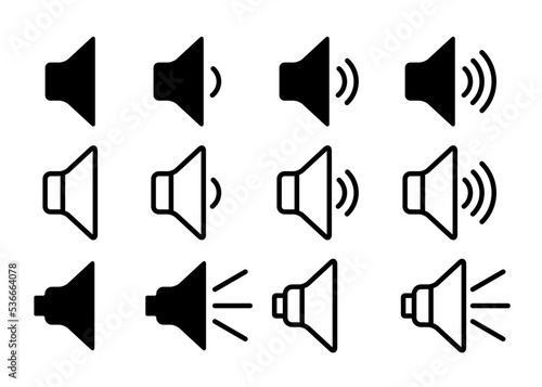 Sound Icons Set Vector. Volume, Speaker, Loudspeaker Symbols. Mute and Unmute Volume Sound.