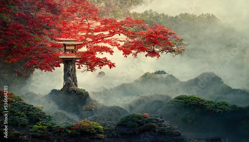 japanese temple in the morning. concept art. illustration. fantasy scenery