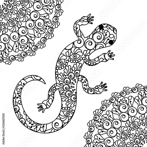 Gecko, lizard, coloring book page. Mandala style. Vector illustration