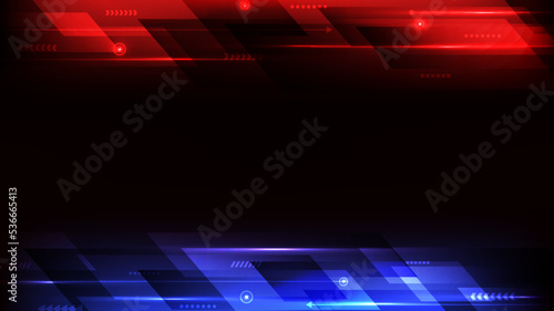 Abstract technology digital futuristic concept glowing red and blue stripes geometric elements on dark background.