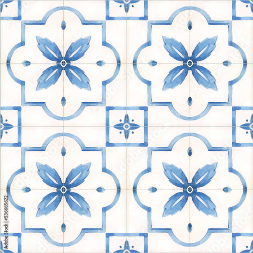 Beautiful vector seamless pattern with watercolor hand drawn blue dutch style tiles . Stock illustration.