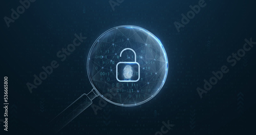 A magnifying glass with opened padlock icon is made from lines, triangles, low polygons, and particle style. Vector illustration